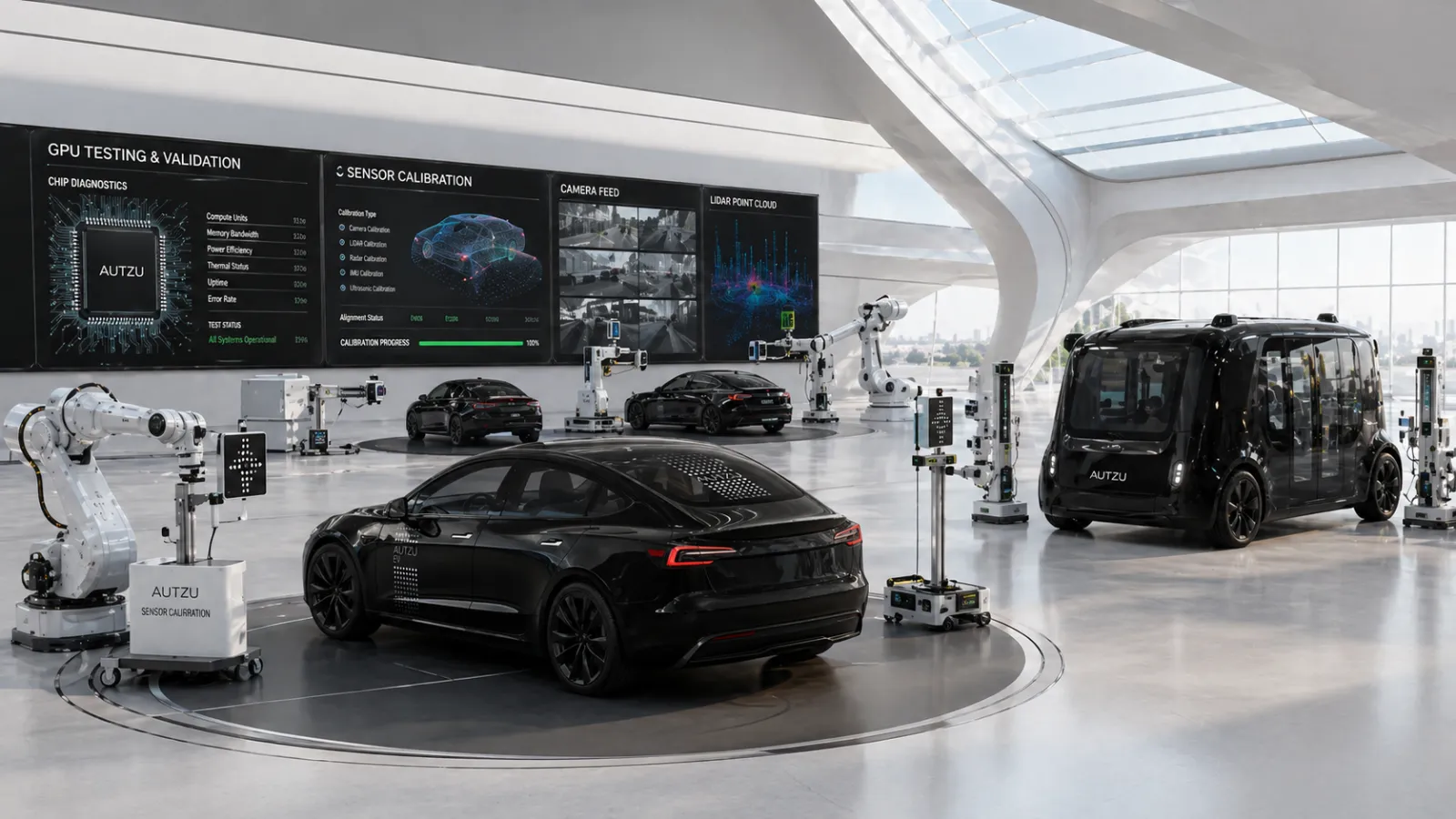 Autzu sensor calibration and AV compute testing bay, where autonomous vehicle silicon is validated in the real world.