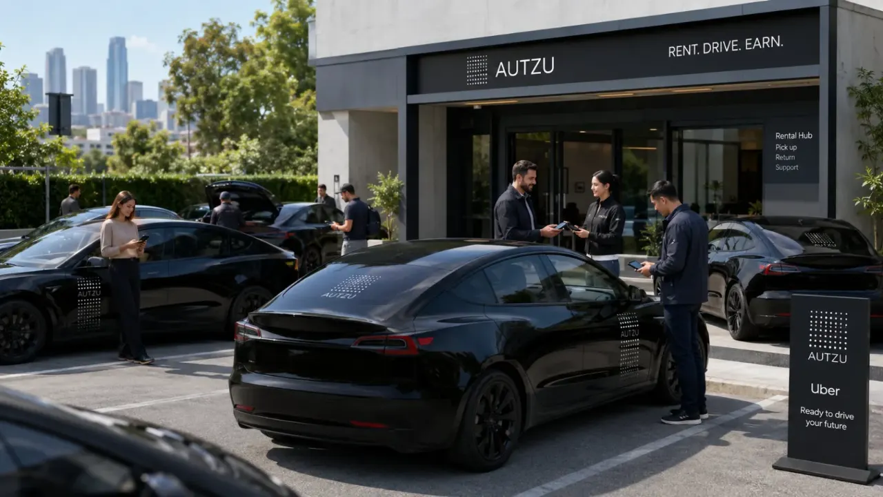 Autzu rental hub with EVs queued for rideshare drivers: present-day infrastructure revenue.